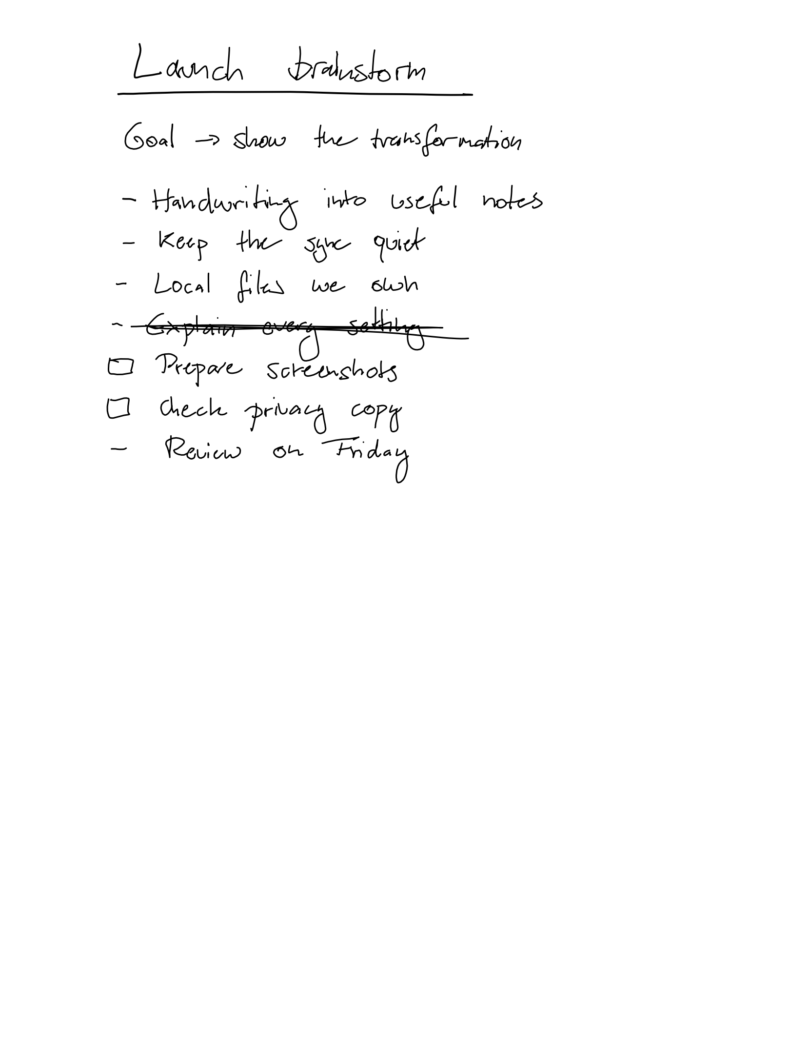 A handwritten reMarkable page titled Launch Brainstorm